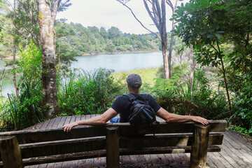 Fototapeta premium Man rests on a wooden bench overlooking a serene lake, surrounded by lush forest. Cascade Kauri Walk, Waitakere Ranges, Auckland, New Zealand