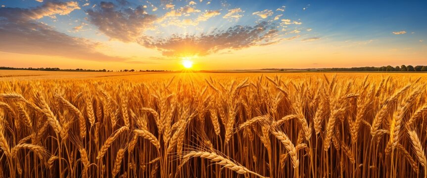 Golden wheat field at sunrise with stunning sky and sunlight