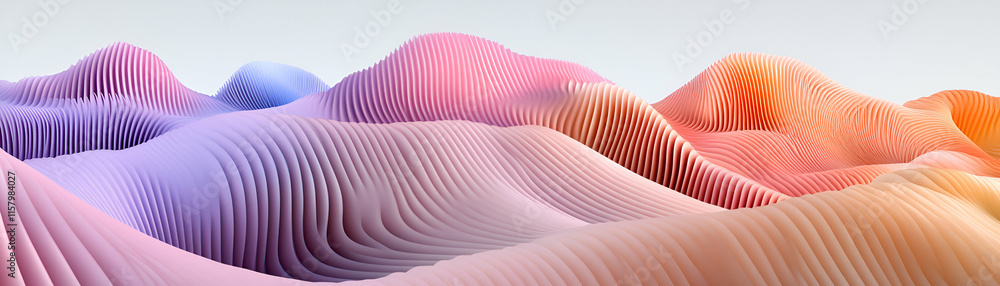 Poster abstract pastel waveforms, a serene digital landscape of soft hues undulating gently across the fram