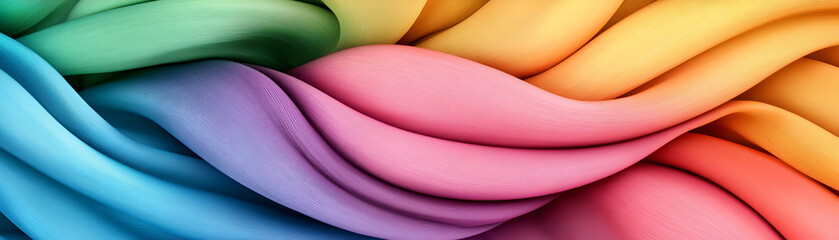 Abstract Rainbow Waves, Colorful Fabric Swirls in a Dynamic Composition, Evoking Sensations of Softness and Movement.