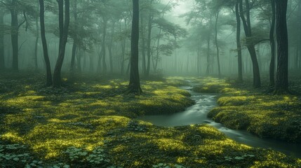 Obraz premium A magical forest illuminated by bioluminescent plants glowing in vibrant hues, with shimmering streams meandering through the serene, otherworldly landscape.