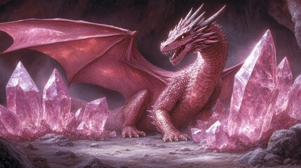 A dragon fiercely protecting a cavern of glowing crystals, their shimmering hues creating a magical interplay of colors across the mystical chamber.