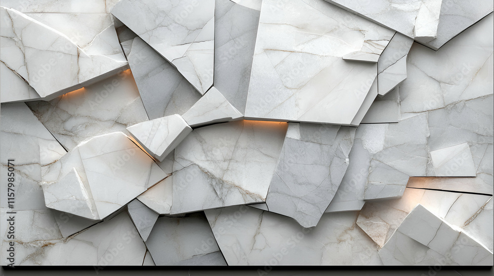 Poster abstract white marble fragmentation, geometric stone wall texture with subtle backlighting, creating