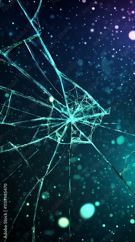Aufkleber shattered glass abstract, teal fractured surface with sparkling bokeh background, reflecting light a