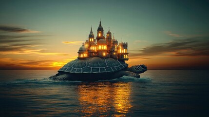Fototapeta premium A magical city thriving on the back of a giant turtle, its towering spires silhouetted against the horizon as the turtle moves serenely through the ocean.