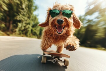 A lively dog wearing sunglasses enjoys a fun skateboard ride while moving swiftly among blurred greenery, symbolizing freedom, joy, and adventurous spirit.