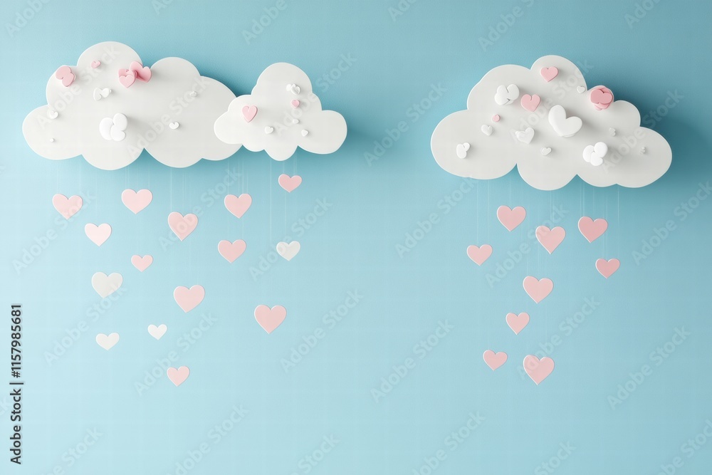 Poster whimsical hand drawn valentines day design with adorable clouds and heart decorations for mockup spa