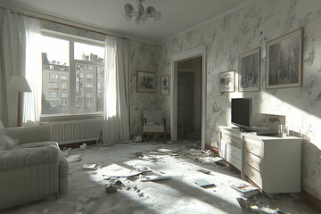 Desolate Apartment, Sunlit Dust and Shattered Memories,  Revealing a Past Life?s Traces in Grey Hues.