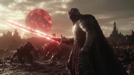 A valiant knight wielding a glowing sword, locked in combat with shadowy creatures under the ominous glow of a blood-red moon in a dark, twisted battlefield.