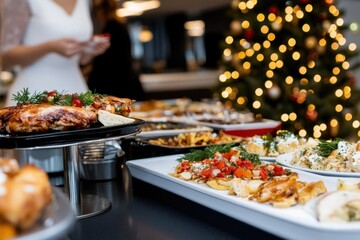 An elegant holiday buffet with delicacies like roasted turkey, salads, and pastries, elegantly arranged with holiday ornaments and golden sparkling wine glasses.