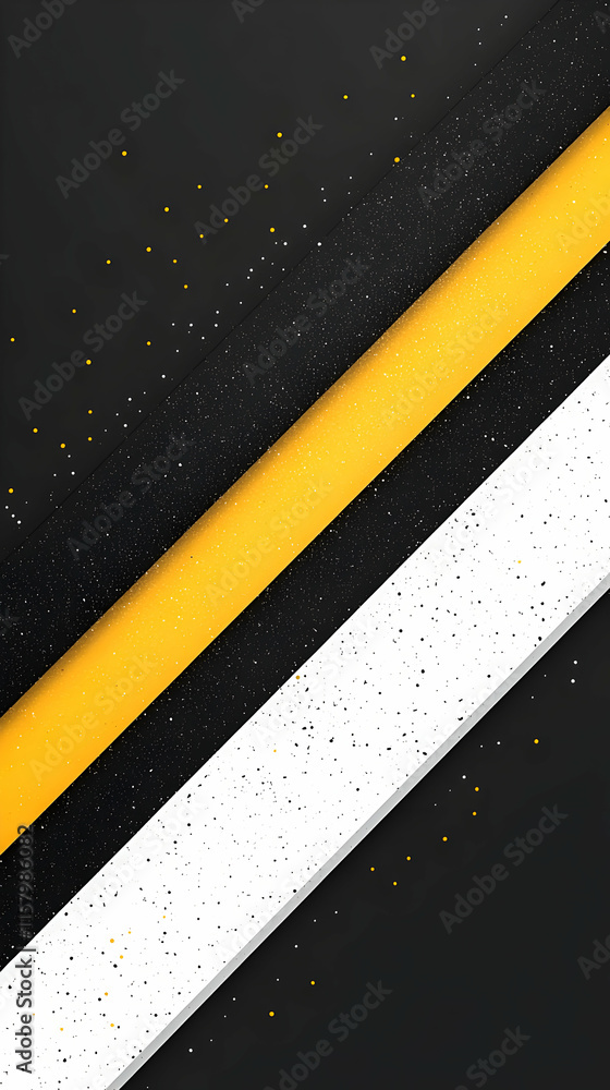 Poster abstract black, white, yellow stripes, geometric design with speckles and angular lines, creating a 