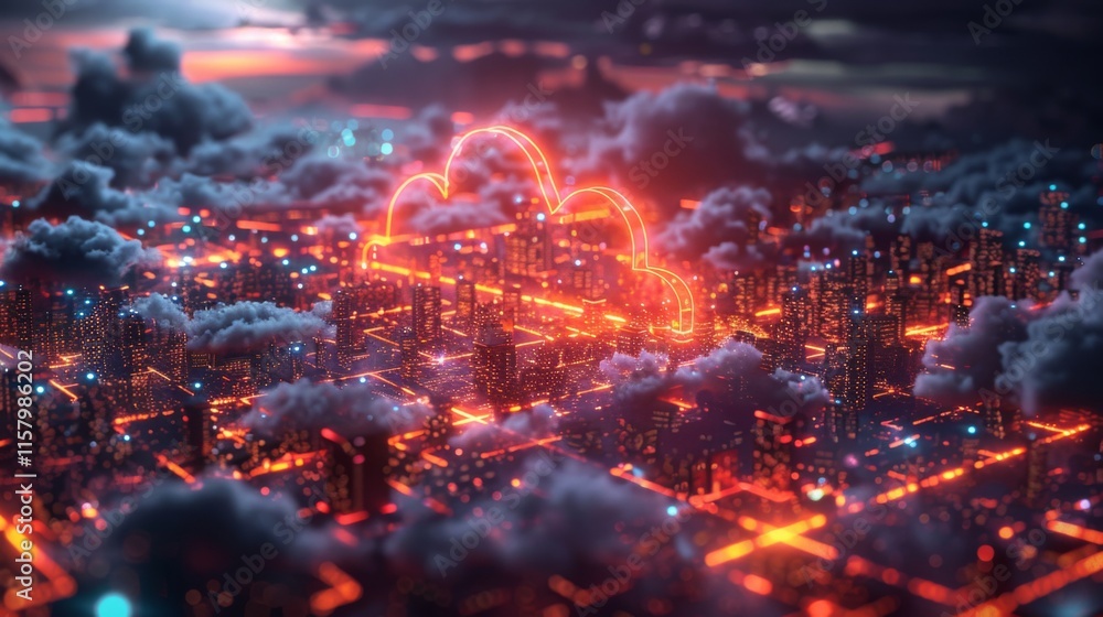 Poster design a series of neon cloud computing symbols, including shining