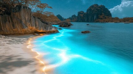 Fototapeta premium A tranquil beach with glowing sand radiating soft light, stretching under a vast starry sky, creating a magical and serene atmosphere by the ocean.