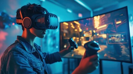 Person wearing VR headset playing video game.