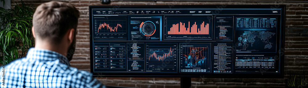 Poster data analyst reviews complex financial charts on a large monitor, examining market trends and numeri