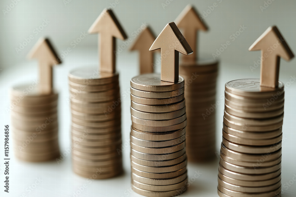 Poster increasing stacks of coins with upward arrows symbolize growth. generative ai