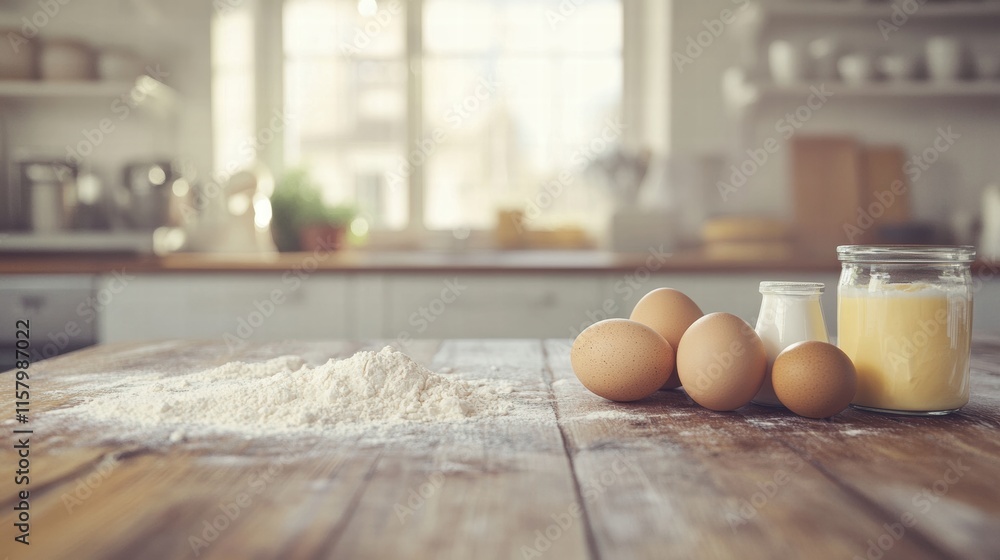 Leinwandbilder ingredients for baking displayed on a rustic kitchen counter with ample space for text or recipes. g