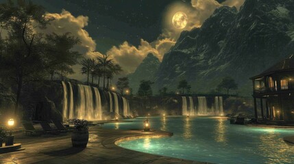 Fototapeta premium A picturesque mountain with shimmering waterfalls feeding glowing lagoons, the radiant pools adding a magical touch to the lush, dramatic landscape.