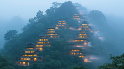 A picturesque mountain with shimmering waterfalls feeding glowing lagoons, the radiant pools adding a magical touch to the lush, dramatic landscape.