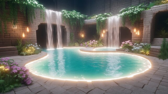 A picturesque mountain with shimmering waterfalls feeding glowing lagoons, the radiant pools adding a magical touch to the lush, dramatic landscape.