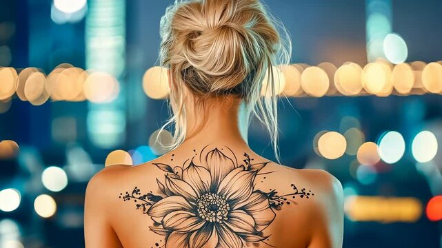 A young Caucasian woman showcases a striking floral tattoo on her back, with her hair styled in a bun. The soft glow of city lights creates a dreamy atmosphere at dusk, emphasizing urban life and