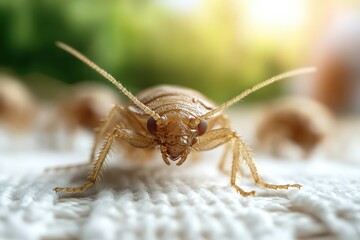 A close-up shot captures a single bedbug on a white fabric, emphasizing the detailed anatomy of the insect and potential domestic pest threats it poses.