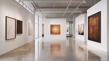Modern art gallery interior with abstract paintings on display. (1)