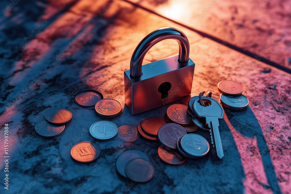 Poster padlock with keys and coins on textured surface, symbolizing security. generative ai