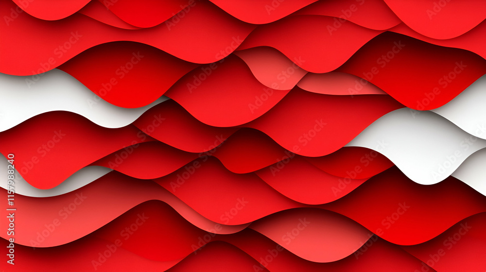 Poster abstract red & white wave pattern, layers of vibrant hues undulate rhythmically, creating a dynamic 