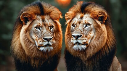 Fototapeta premium A breathtaking savanna with a golden hue, where majestic lions roam as the glowing sun sets behind them, illuminating the landscape in a tranquil, fiery light.