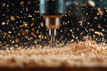 Close-up of a powerful drill in motion, carving into a wooden surface, sending a flurry of sawdust and wood particles flying through the air.