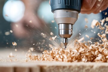 Dynamic image of a drill in action, energetically engaging with wood, showcasing the captivating spread of wood chips as they scatter with speed and vigor.