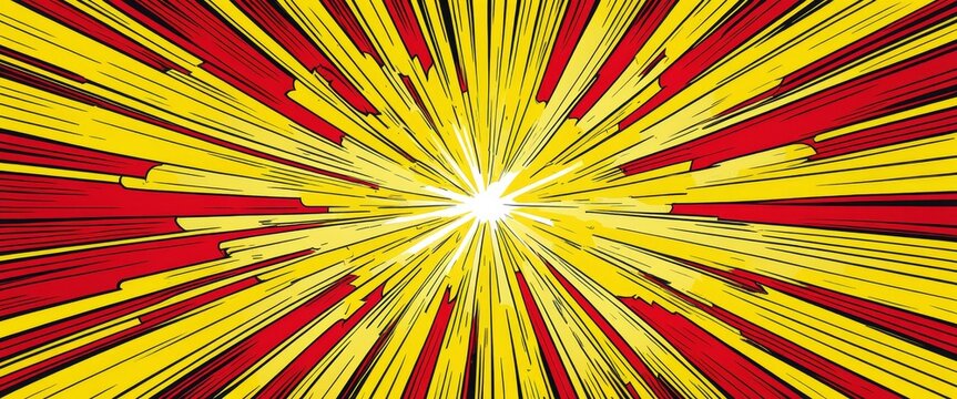 Vibrant comic style burst with red and yellow lines exploding from center