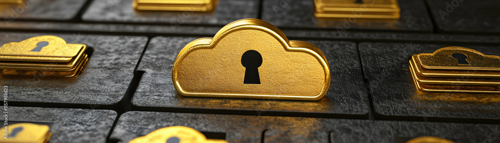 Poster secure cloud data, gold keyhole symbol in cloud storage, protecting digital assets securely and reli