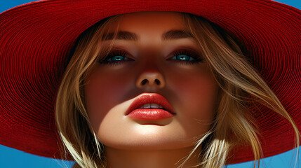 Sun-Kissed Beauty, Woman in Red Hat, Radiant Skin, Vibrant Lips, Sunny Day
