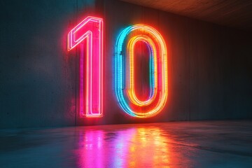 Vibrant neon number 10 display urban setting graphic design nighttime close-up colorful led art