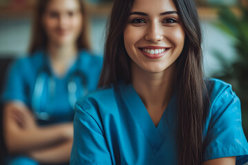 Obraz premium Smiling Medical Professional, Healthcare Worker Shows Confidence and Compassion in Scrubs