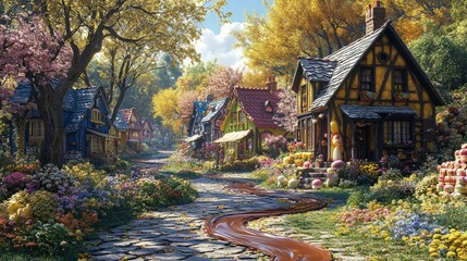 A magical village made entirely of candy, with chocolate rivers meandering through gumdrop houses, creating a deliciously sweet and colorful world of confectionery.