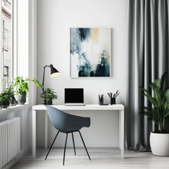 Modern home office with abstract art, plants, and minimalist desk.