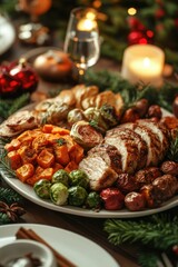 Obraz premium Festive roasted vegetable platter christmas dinner table food photography cozy atmosphere closeup view culinary delight