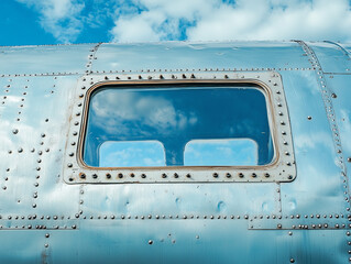 Close-up of a single airplane window on a shiny metallic fuselage