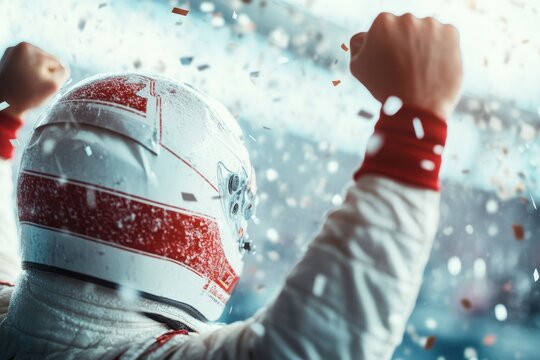 A victorious racer, wearing a helmet and racing suit, celebrates exuberantly amidst a shower of confetti, capturing the excitement and energy of a race victory.