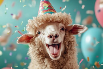 A cheerful sheep sporting a vibrant party hat around colorful balloons and festive confetti, capturing joyous celebration and whimsy in the party setting.