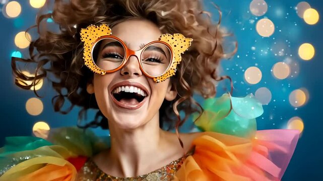 The image features a woman in a vibrant and fun New Year's costume, complete with a multi colored tutu, a sparkly sequin top, and oversized party glasses, exuding a playful and whimsical vibe.