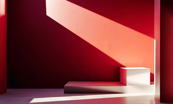 Abstract interior with red walls and geometric shapes.