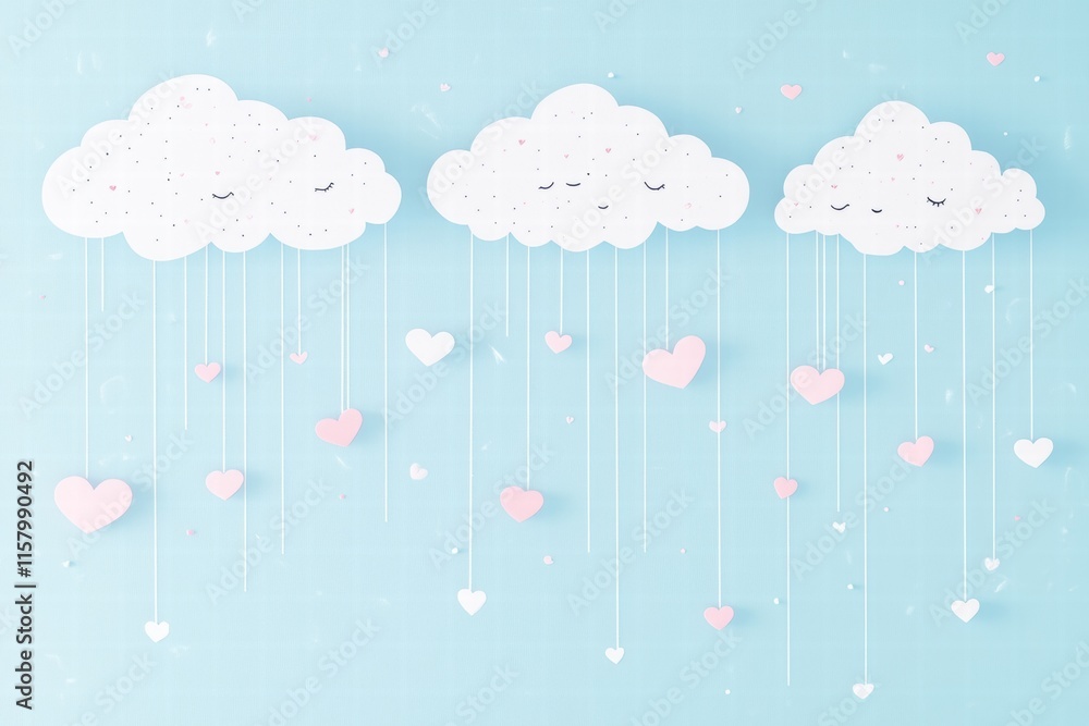 Fototapete Whimsical Valentines Day design featuring hand drawn clouds and hearts with copy space for customization and creativity. Generative AI