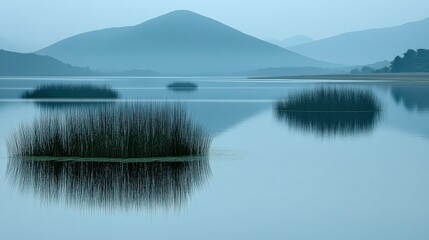 A picturesque meadow with floating islands drifting in the soft, pastel skies, their serene beauty blending seamlessly with the calm and lush landscape below.