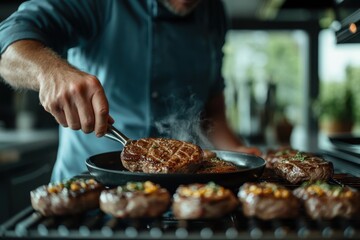 A cook searing delicious steaks in a modern home kitchen while using a griddle pan, showcasing a classic culinary technique of expertly grilling meat to perfection.