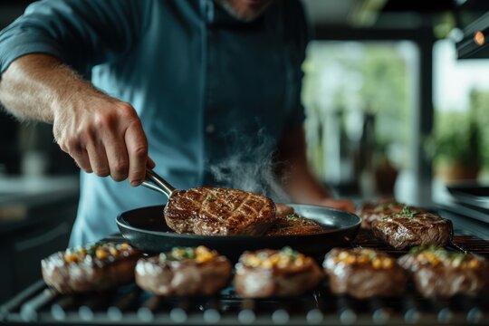 A cook searing delicious steaks in a modern home kitchen while using a griddle pan, showcasing a classic culinary technique of expertly grilling meat to perfection.