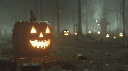 Glowing Jack-o'-lantern in Spooky Forest at Night, Illuminated Carved Pumpkin Faces Amidst Foggy Trees and Ruins.